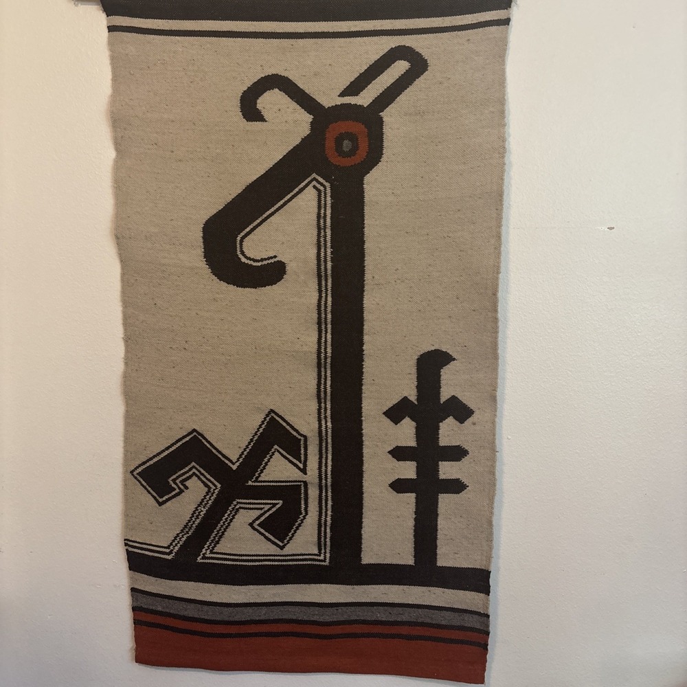 Vtg Boho Navajo Wool Woven Tapestry Yei Figures Bird Wall Hanging Rug